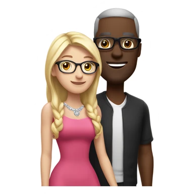 White blonde long hair woman pink dress no glasses  with no glasses in a pink dress and diamond necklace standing next to emoji black man with glasses wearing red shirt glasses standing next to white eoman sticker