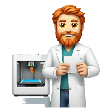 A red-bearded cat engineer in a lab coat holds a white piece of paper next to a 3d printer. sticker