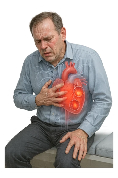a middle-aged man sits on a bench, clutching his chest with a pained expression. His face is pale and sweaty, and his posture is hunched forward. A transparent overlay reveals his heart and major blood vessels, with highlighted areas indicating blockages or damage. The background is clean and clinical, with subtle medical icons. sticker