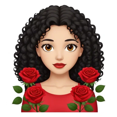Brown eyes black curly long hair red roses backround red top  sticker