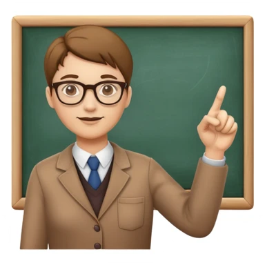Teacher with glasses pointing at a chalkboard sticker