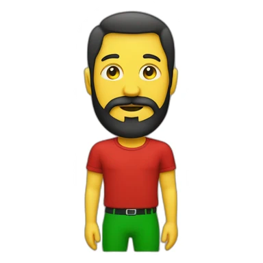 Homme avec barbe coûte et une calvitie  noir très cours avec un t-shirt rouge et un rectangle jaune et vert dessus sticker