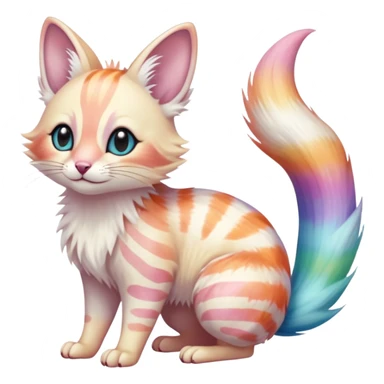  Realistic cute adorable pastel-iridescence-gradients albino fur with random colorful iridescent rainbow markings beautiful elegant pretty precious cute  Fakémon-Pokémon-opossum-feline-serval-caracal-chinchilla-Minccino-hybrid-creature with a big fluffy bushy striped tail (full body) sticker