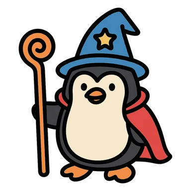 color outline icon of a penguin wizard holding a staff sticker