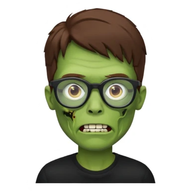 Green zombie, brown hair, black glasses, black shirt. iOS style. sticker