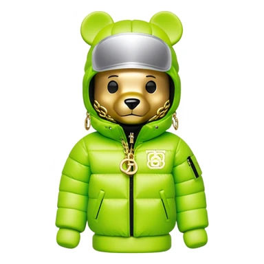 professionally designed bearbrick collectible with precise proportions, lime green balaclava with seamlessly integrated reflective visor lens, high-end branded puffer coat with rich fur collar and prominent designer logo, detailed gold chains, hypebeast aesthetic sticker