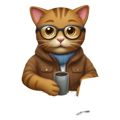 Create an emoji of a happy brown cat with computer glasses, typing on a computer and taking notes. The cat is sitting on an ergonomic chair, with a coffee mug, a potted plant, and wearing a winter jacket because the office AC is cold. sticker