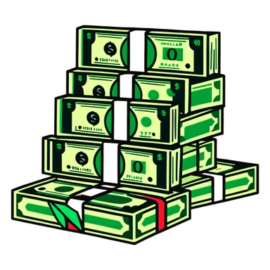 green upward arrow next to progressively taller stacks of dollar bill packs wrapped with bands sticker