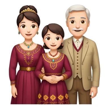 Indiana family with a 70 years old father and mother and a 40 years old daughter. They wear a traditional dress. They are smiling. sticker