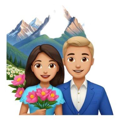 Excited Couple traveling  russian man and elegant  Latina girl delicate flowers and mountains in the background  sticker