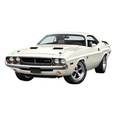 White 1971 Dodge Challenger with sharp details, precise three-quarter view at 30 degrees, accurate muscle car proportions, visible front bumper and fender, pure white finish, iOS emoji style sticker