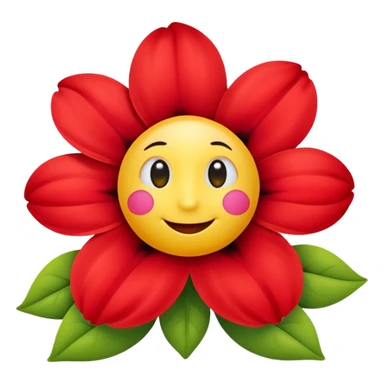 A flower with round yellow face with soft gradients, large glossy black cartoon eyes, and a simple curved smile. Surrounding bright red inflated petals with smooth shading and soft reflections. sticker