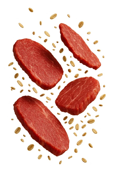 FETTINE DI CARNE FLUTTUANO IN ARIA INSIEME A FIOCCHI DI AVENA, IPERREALISTICO 4K sticker
