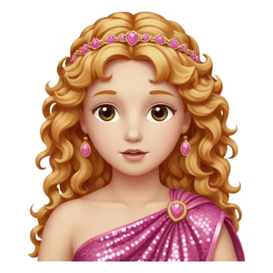 Venus, Goddess of Love from Roman Deities with long strawberry blonde wavy hair, pink sequin toga sticker