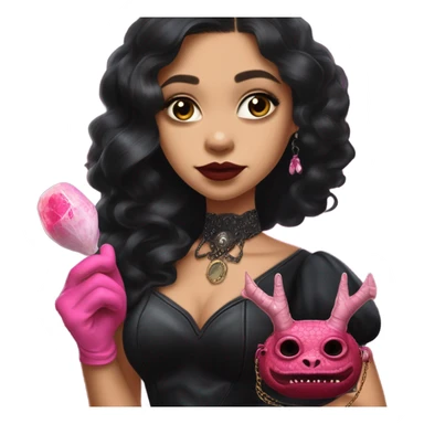 provocatively flirty Lavish black evening gown with see-through gloves, Jenna Ortega as Addams woman prom queen wearing a steampunk mini tiara, very large blood  pink evil-looking horned old dragon purse sticker