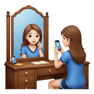 Girl sitting at vanity taking out picture with iphone 15 plus in the mirror and study materials on the vanity sticker