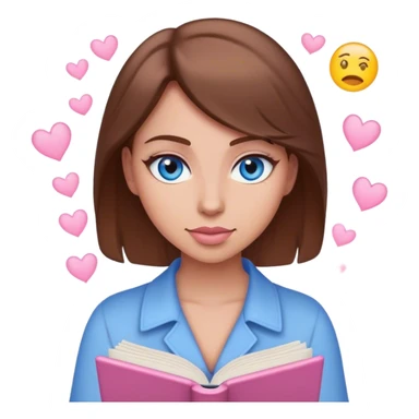 female writer with emoji face, brown hair and blue eyes writing a light pink romance novel sticker