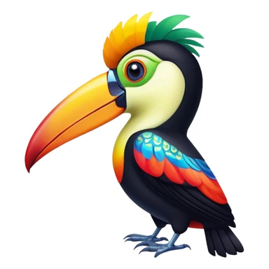 Cinematic Noble Toucan Portrait Emoji, Poised and regal, with a vibrant, striking beak and a sleek, colorful body adorned with bold patterns and keen, observant eyes, Simplified yet sharp and sophisticated features, highly detailed, glowing with a soft, tropical radiance, high shine, intelligent and majestic, stylized with an air of exotic elegance, focused and alert, soft glowing outline, capturing the essence of a watchful and confident avian guardian that appears ready to take flight out of the screen with effortless authority! sticker