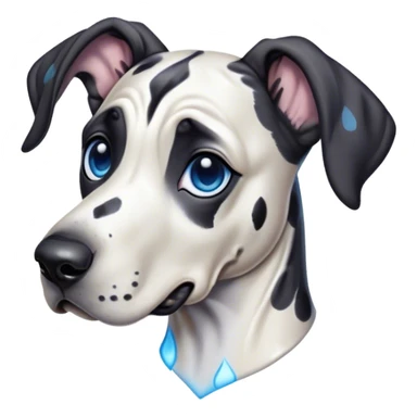 Cinematic Cute Harlequin Great Dane Portrait Emoji, Head tilted playfully and inquisitively, featuring a glossy coat of predominantly white with dynamic black patches, round, sparkling blue eyes filled with gentle curiosity, Simplified yet irresistibly adorable features, highly detailed, glowing with a warm, friendly glow, high shine, affectionate and gentle, stylized with a touch of whimsy, bright and endearing, soft glowing outline, capturing the essence of a mischievous yet loving pup, so playful it feels like it could lumber out of the screen and into your arms! sticker