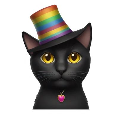 Black cat with yellow eyes and a rainbow hat on top sticker