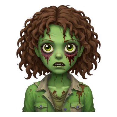 Faça uma garota zombie de cabelo cacheado castanho, olhos castanhos escuro e pele verde d zombie, com o cabelo abaixo do ombro sticker