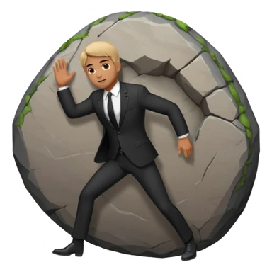 a man in a suit  pushing a huge rock sticker