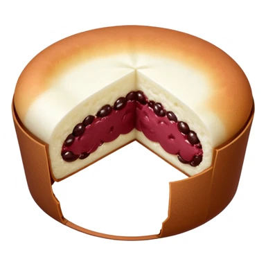 A soft round mochi cut in half, showing the filling inside (red bean paste or pink/white filling), outer layer is white and slightly stretchy-looking, smooth and pillowy texture, simple flat design style, centered on transparent background.
 sticker