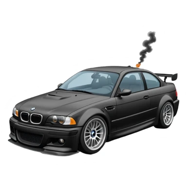 
A BMW M3 E46 is drifting through a corner, with a slight wisp of smoke coming from the rear and the wheels positioned at an angle relative to the turn.Road can see clearly  sticker