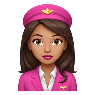 Flight attendant with pink outfit tan skin long dark brown hair with blonde highlights pretty makeup long lashes red lipstick  sticker