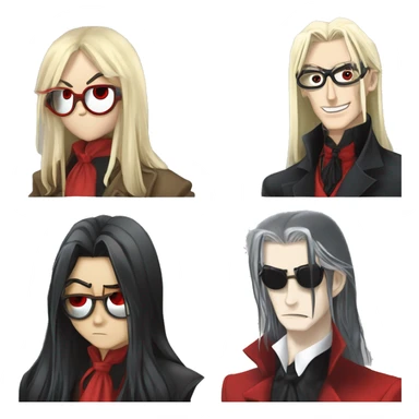 vampire, alucard, hellsing, long black hair, long bangs, red circular glasses, red coat, red tie, alucard hellsing sticker