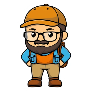 Adventurer with glasses, a beard and tan colored cap sticker