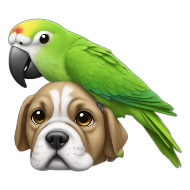 a green Parakeet sitting on a bulldog's head sticker