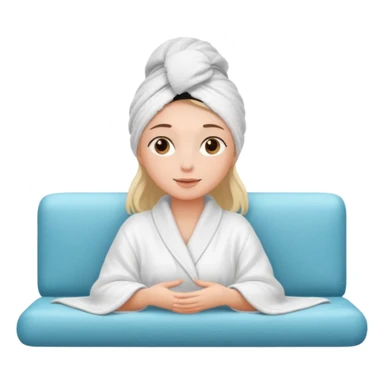 spa A contented and relaxed girl with a towel on her head in a white robe lies on a couch. The icon displays the couch and the girl in full three-quarter view. sticker