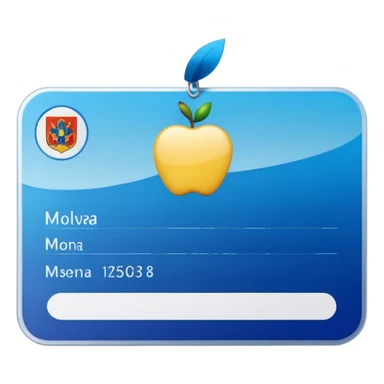 business identification card with rounded corners, blue-silver gradient background, placeholder lines, generic photo silhouette on left, Moldova-style heraldic icon in top-left, Apple emoji style, transparent background sticker