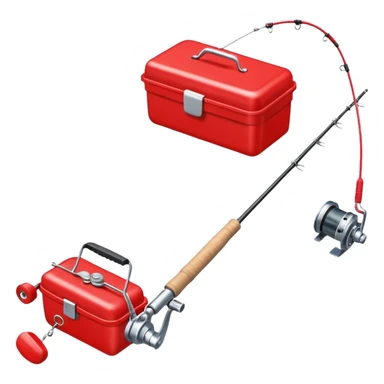 A fishing rod with reel and line neatly coiled beside a bait box. sticker