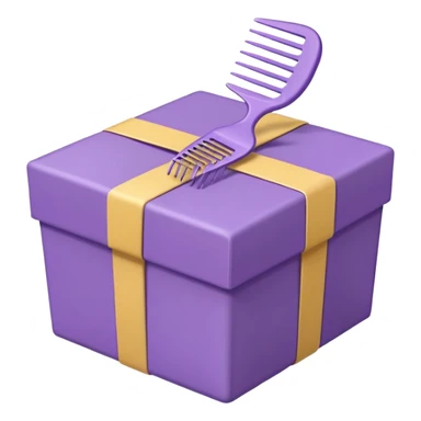 A cute emoji-style illustration of a purple gift box opened, with a comb inside the box. Soft pastel purple tones, simple shapes, rounded edges, clean lines, kawaii style, minimal details, bright and friendly expression, centered composition, transparent background, sticker emoji design sticker