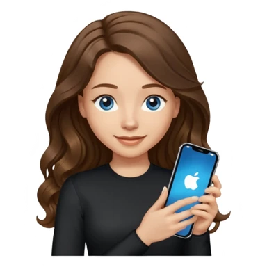 generate a pretty woman with blue eyes, light skin and long and really wavy shiny medium brown hair holding a phone while looking down at the screen. she is wearing an ALL black long sleeve. she is smiling sticker
