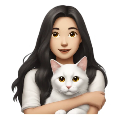 A girl with long dark hair and a white fluffy cat is lying on her right shoulder sticker