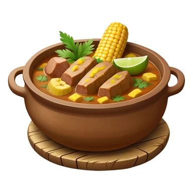 Cinematic Realistic Sancocho Antioqueño Emoji, depicting a hearty Colombian stew brimming with tender cuts of meat, yuca, plantains, corn on the cob, and potatoes in a rich, flavorful broth. Served in a rustic clay bowl with fresh cilantro and lime on the side, rendered with warm, inviting textures and homely, comforting lighting. sticker