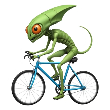 insectoid alien riding a bicycle, bug-like eyes, segmented limbs, strange but fun cycling pose, sci-fi creature vibe, 3D cartoon, mobile game icon style, clean background, no text, no watermark
 sticker