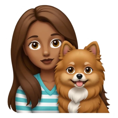Create an emoji-style illustration of a woman with long brown hair holding one Pomeranian dog. The dog has a black face with a white stripe running down the middle of its nose and mouth. sticker
