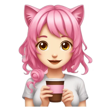 cute pink hair cat girl with coffee anime style sticker