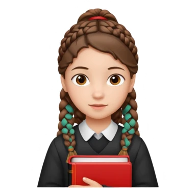 brown braid hair girl kid, student, black gile, red book sticker