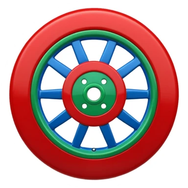 Glossy 3D emoji, blue top, green bottom, large red spoked wheel in center. Geometric symbol, no face. sticker