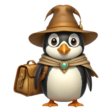 A explorer penguin inspired by Indiana Jones, wearing a weathered yellow enchanted hat and a flowing cape. It carries a leather satchel with ancient scrolls. Cartoon-style, smooth shading, highly detailed, no background sticker