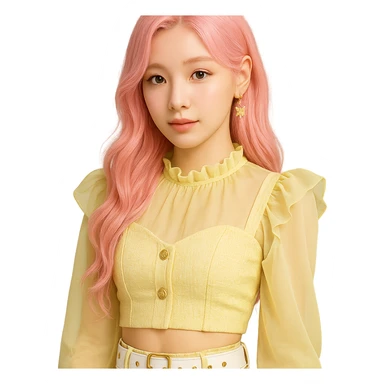 Fluttershy reimagined as a human K-pop idol with pastel pink hair, trendy stage outfit, soft makeup, transparent background sticker