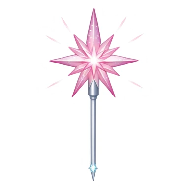 A sparkling fairy wand emoji with a silver handle and a starburst tip, glowing with pointy pinkish and white sparkles, small pink sparkles around sticker