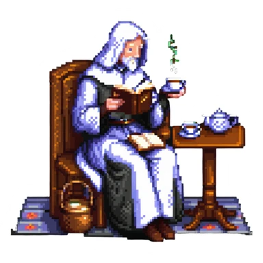 Chaucer reading and sipping tea, simple background, pixel art style sticker