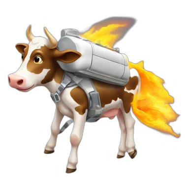 side-on view of cow flying to space while wearing a jetpack that is emitting flames, legs dangling behind sticker