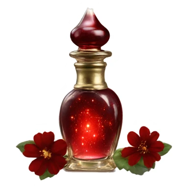 Dark red magic fairy light sparkling old Antique oil perfume bottle with herbal and flowers sticker